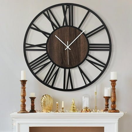 Large Wall Clocks for Living Room,Silent,Non Ticking,Battery Operated Oversized Vintage Round Modern Wood Wall Clock for Bedroom,Farmhouse,Office Home Decor-24 Inch(Black-Roman Numerals)