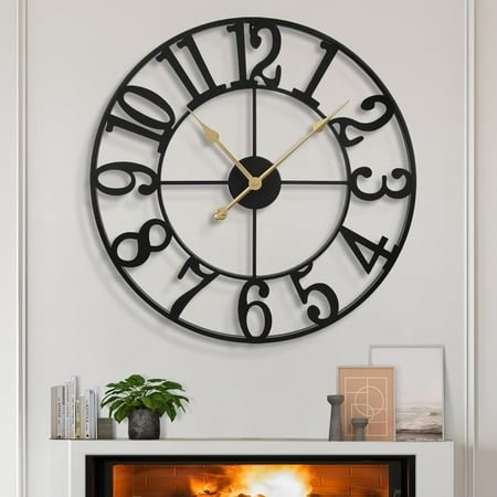 Large Wall Clocks,Silent,Non Ticking,Battery Operated Big Retro Round Modern Metal Wall Clock for Living Room, Bedroom,Dinning Room,Farmhouse,Office,Home Decor-20 Inch(Black-Arabic Number)