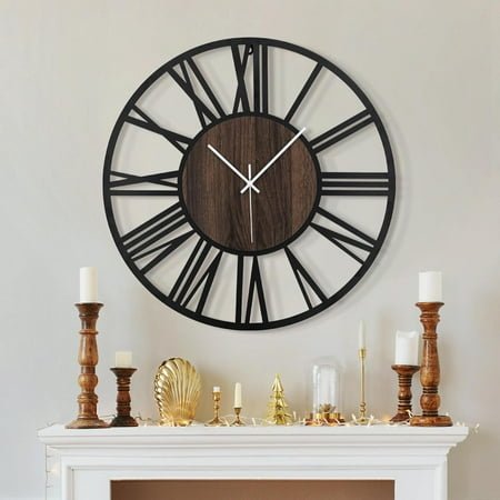 Large Wall Clocks,Silent,Non Ticking,Battery Operated Big Retro Round Modern Wood Wall Clock for Living Room, Bedroom,Dinning Room,Farmhouse,Office,Home Decor-20 Inch(Black-Roman Numerals)