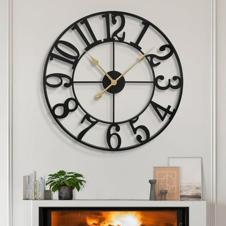 Large Wall Clocks,Silent,Non Ticking,Battery Operated Rustic Round Modern Big Metal Wall Clock for Living Room, Bedroom,Kitchen,Farmhouse,Office,Home Decor-16 Inch(Black-Arabic Number)