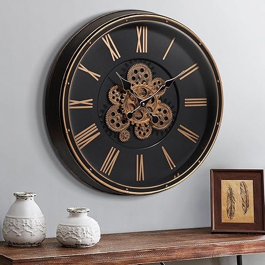 Large Wall Clock with Moving Gear, 50cm / 20 Inch Retro Wall Clock for Living Room Decor, Industrial Steampunk Decorative Wall Clock Vintage Bronze Gold Retro Wall Clock for Farmhouse Home