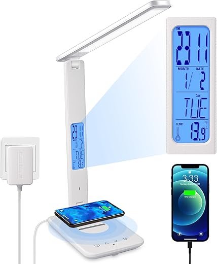 LED Desk Lamp with Wireless Charger, Suitable for Home, Office Dimmable, with USB Charging Port, Built-in Clock, Calendar, Thermometer and Automatic Timing Reading Desk Lamp.