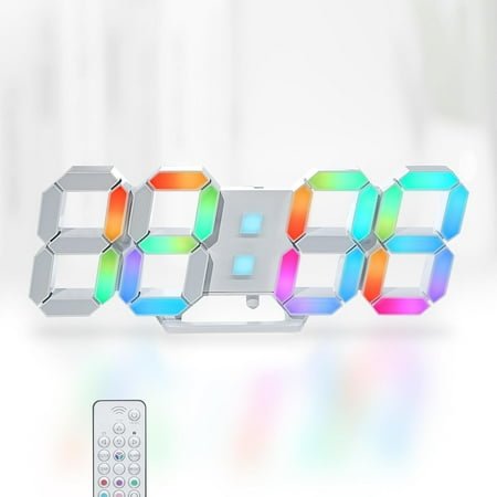 LED Wall Clock 15 Dynamic Neon LED Clock for Living Room Gaming Room Decor,Big Number Desk Clock Large Display Digital Alarm Clock Dimming/Temp/Remote(White LED Clock with RGB Light)