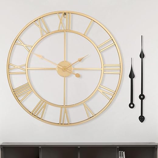 LEIKE Large Modern Wall Clocks,18 Gold Metal,Rustic,Round,Silent Non Ticking,Battery Operated Roman Numerals Clock for Living Room/Bedroom/Kitchen Wall Decor-(Gold, 47cm)
