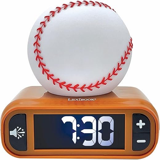 Lexibook, Baseball - Baseball Nightlight Alarm Clock, Sounds and Melodies, LCD Backlit Screen, Luminous, Snooze, Brown/White, RL800BL
