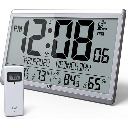 LFF Atomic Clock - Never Needs Setting, Battery Operated, 15 Atomic Wall Clock with Indoor Outdoor Temperature & Humidity, Digital Wall Clock with 4.5 Numbers Easy-to-Read, Silver