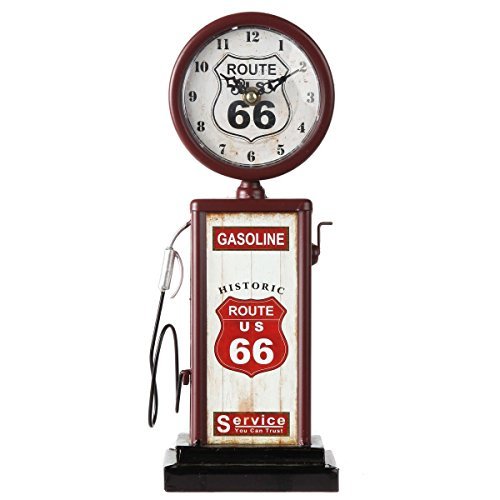 Lily's Home Old Fashioned Route 66 Gas Pump Mantle Clock, Silent-Non-Ticking with Quartz Movement, Makes an Ideal Gift for Antique Sign Collectors, Brown/Red (13 1/2" x 4 3/4")