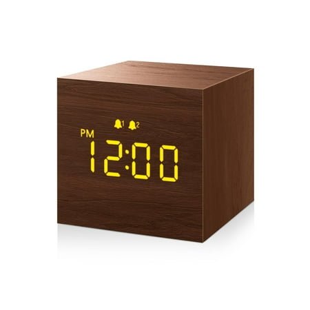 LIZZ Digital Alarm Clock, with Wooden Electronic LED Time Display, Dual Alarm, 2.5-inch Cubic Small Mini Wood Made Electric Clocks for Bedroom, Bedside, Desk, Black