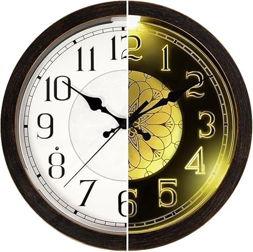 LOMANDA Night Light Wall Clock for Bedroom, 13Inch Silent Adjustable Brightness Glow in The Dark, Battery Operated Illuminated Wall Clock for Bathroom FarmhouseLiving Room Decorative