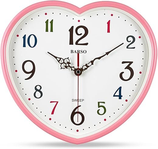 Love Heart Silent Wall Clock, 10 Inch – Colored Numbers, Perfect for Bedroom or Living Room (Pink)