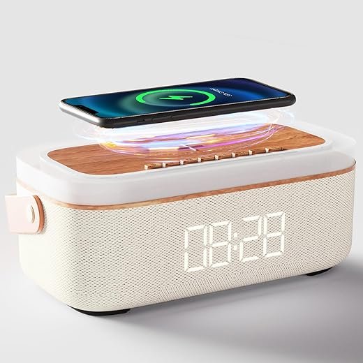 LOVME Alarm Clock Bluetooth Speaker for Bedroom, Bluetooth Stereo Sound Speaker, Fast 15W Wireless Charger,Snooze Dimmer, Night Light, White Noise Machine for Heavy Sleepers (Kahaki)