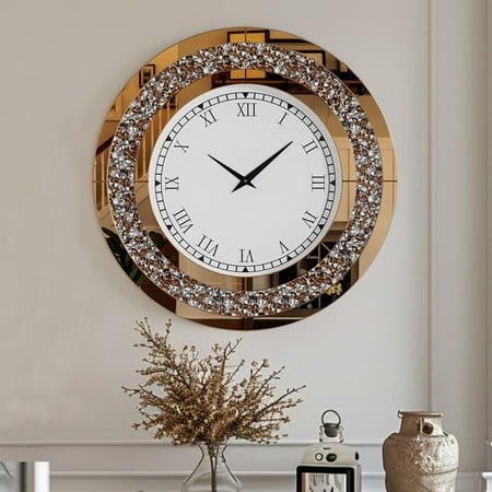 LUVODI 24 inch Rround Crushed Diamond Wall Clock Silver Beveled Mirrored Clock for Wall Living Room Decor