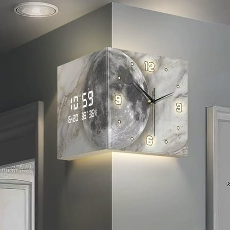 Luxury Corner Wall Clock with Light, Double Sided Corner Wall Clock, Sensor Luminous Corner Wall Clock with Numeral Scale LED Charging Operated Silent Wall Clock(A1)