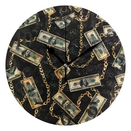 Luxury Dollar Bill Chain Wall Clock 9.8 inch Battery Operated Clocks Non-Ticking Silent for Bedroom Office Kitchen Living Room