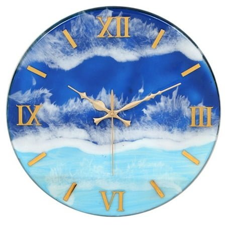 Luxury Epoxy Resin Wall Clock – Handmade Wooden Wall Art Clock with Gold Roman Numerals – Ocean-Inspired Decorative Clock – 12” Round