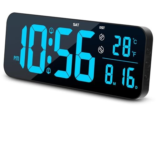 MASHI 15" Large Digital Wall Clock with Remote Control, Dual Alarm with Big LED Screen Dispaly, 10 Adjustable Brightness, DST, Temp for Living Room, Bedroom, Decor, Gift for Elderly (Blue Light)
