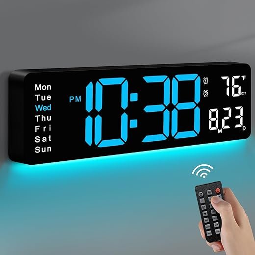 MASHI Digital Wall Clock, 16 Large Display Digital Clock with Remote Control, Auto-Dimming Wall Clock with Night Light, DST, Date Week,Temp for Living Room, Bedroom, Decor, Gift for Elderly