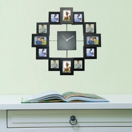 Masteelf Black Aluminum Frame Wall Clock with Photo Frames for Decor 14 Inch