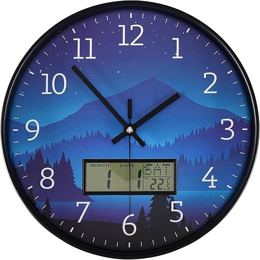Maxstar Modern Wall Clock with Digital Day Week Temperature Display with Starry Sky Pattern Non-Ticking Battery Operated Calendar and Date for Kitchen Farmhouse Bathroom Office 12inch