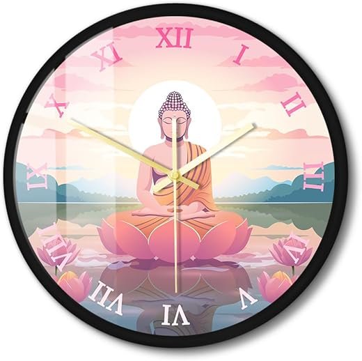 Meditation Clock with Metal Frame, 12'' Vintage Boho Buddha Lotus Wall Clock Buddhist Hinduism Meditating Lotus Wall Clock Watch Silent Movement Battery Operated for Bedroom Kitchen Bathroom