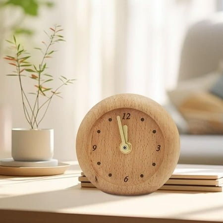 menolana Wooden Table Clock Analog Desktop Ornament Round Decorative Tabletop Clock Timepiece for Mantle Farmhouse Bedside Office Home