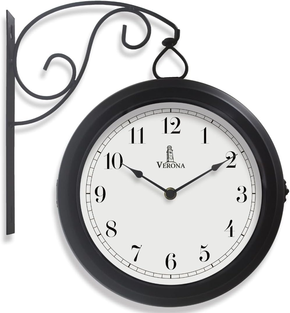 Metal Double Sided Wall Clock 10 - Decorative Indoor Outdoor Double Sided Clock - Easy to Read, Hanging Train Station Style for Patio, Garden, Office & More - Antique Style Outside Corner Wall Decor