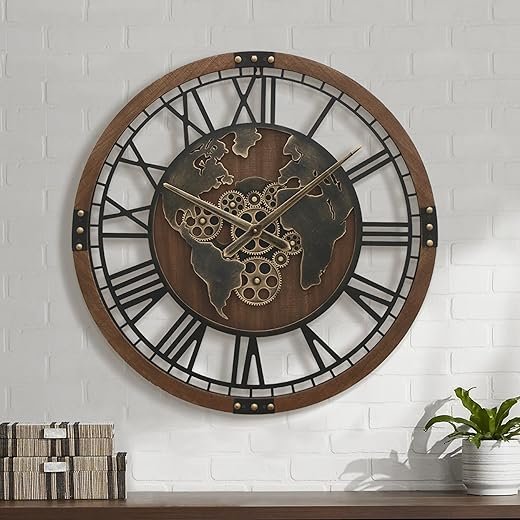 Micasso 27" Large Gear Clock with World Map, Oversized Brown Real Moving Gears Wall Clock, Vintage Wood Frame Non-Ticking Battery Operated Silent Mechanical Clock for Office, Living Room, Kitchen
