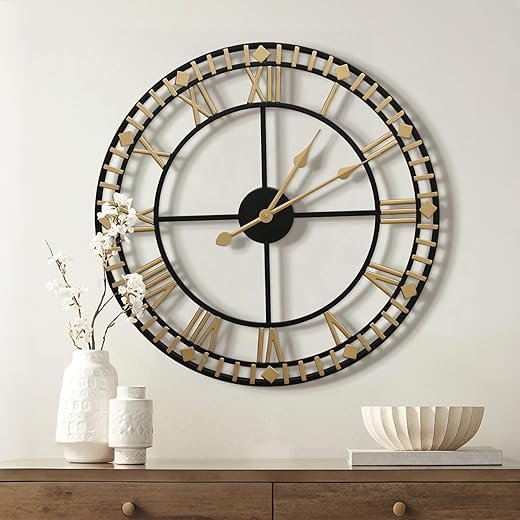 Micasso Modern Large Wall Clock, Simple Line Design Metal Minimalist Silent Clock, Non-Ticking Battery Operated Wall Clocks for Office, Living Room, Kitchen, Dining Room (Black Gold, 24 * 24 Inch)