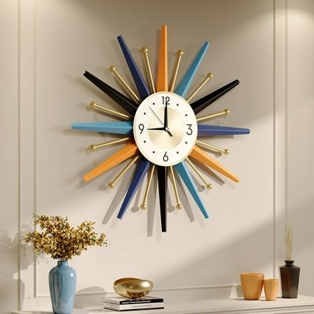 Mid Century Wall Clock, 22 Inch Large Vintage Metal Colorful Starburst Decorative Clocks Battery Operated, Boho Fancy Wall Clock for Kitchen Bedroom Living Room