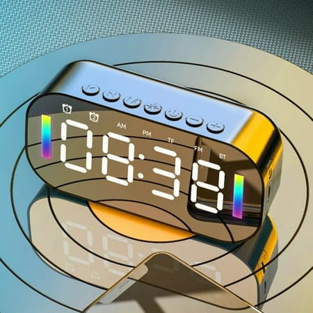 Mini Bluetooth 5.0 Speaker with LED Mirror Display, Dual Alarm Clock, FM Radio, TF Card Playback, Night Light, 30H Standby, Portable Wireless Clock Speaker for Kids & All Phones