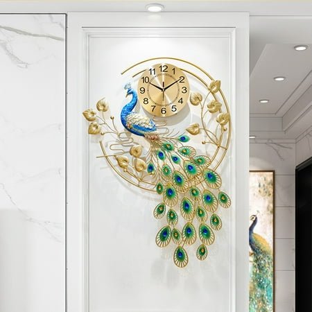 Miumaeov Large Pea-cock Wall Clock 36.6 inch Metal Design Non-Ticking Silent Art Digital Wall Clocks for Living Room Decor