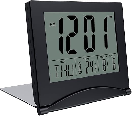 MMOBIEL Digital Clock LCD Travel Alarm Foldable for Desk Top – Day, Date and Temperature Indication – Digital Alarm Clock for Table, Desk - Battery Operated – Black