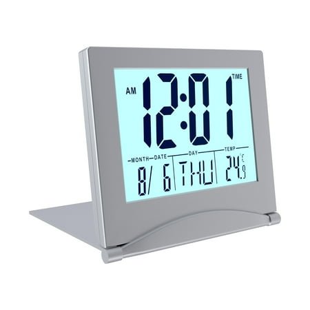 MMOBIEL Digital Clock LCD Travel Alarm Foldable with Backlight – Digital Clock with Day, Date and Temperature Indication – Digital Alarm Clock for Table – Desk Clock Battery Operated – Silver