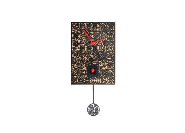 Modern Contemporary Black Cuckoo Clock with Woodcut Design, Handmade Artsy Black