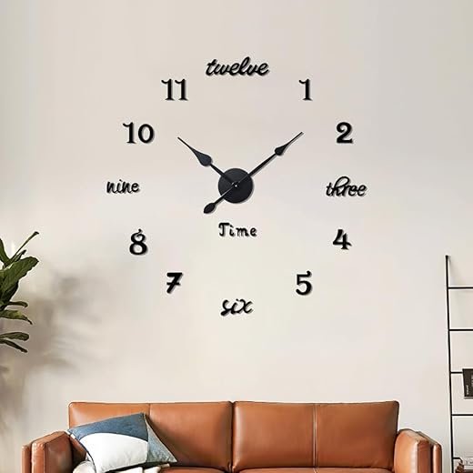 Modern Frameless Large Wall Clock Battery Operated 3D Mirror Big DIY Decorative Wall Clocks for Living Room Decor (Black)