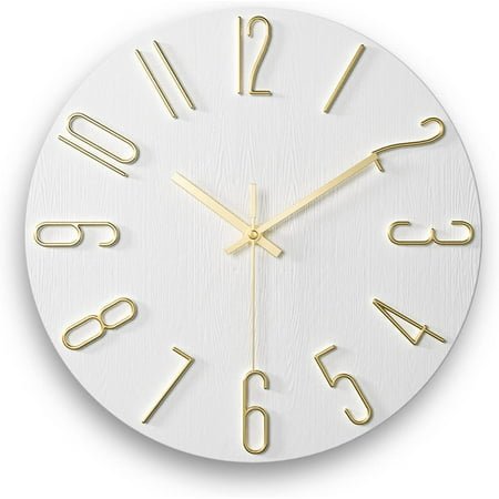 Modern Minimalist - style Round Wall Clock: White Dial with Gold - colored Numerals and Hands