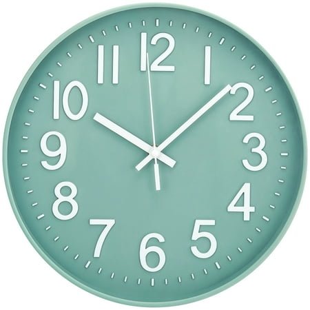 Modern Quartz Wall Clocks Battery Operated,12 inch Silent Non Ticking 3D Numbers Round Wall Clock for Kitchen Bedroom Living Room Office Classroom Decor（Green）