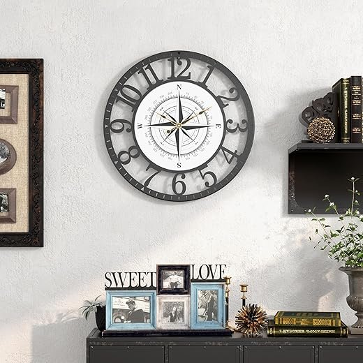 Modern Wall Clock, 12 Inch Tempered Glass Compass Pattern Dial Wall Clock Metal Frame Silent Non Ticking Wall Clocks