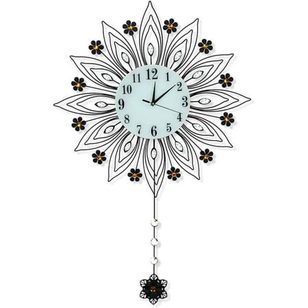 Modern Wall Clock with Pendulum Decor,Metal Sunflower Pendulum Clock,Silent Battery Operated Clock for Living Room,Kitchen Wall Decor