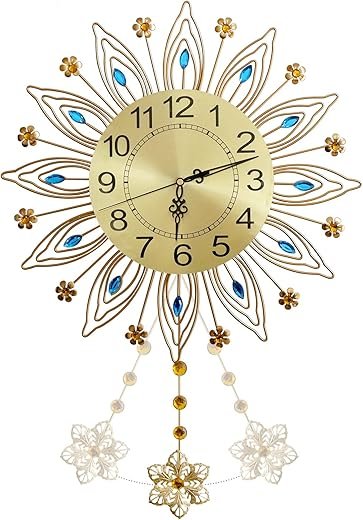 Modern Wall Clock with Pendulum Decor,Metal Sunflower Pendulum Clock,Silent Battery Operated Clock for Living Room,Kitchen Wall Decor(Peacock)