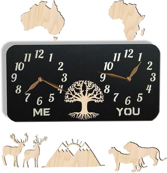 monastar Dual Time Zone Wall Clock with Deer Family, City/State/Country Sign, World Time Clock, Wall Art Décor