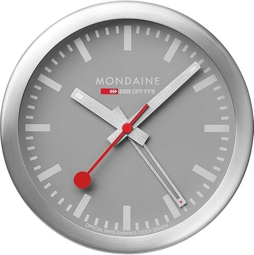 Mondaine A997MCAL86SBV Mini Wall Clock and Alarm Clock with Silver Aluminium Case Grey Dial Diameter 12.5 cm