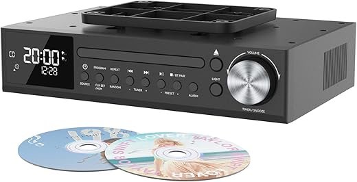 MONODEAL Bluetooth CD Player,Under Cabinet Kitchen FM Radio CD Player,Dual HD Speakers,Wireless Music System with LED Light,Remote Control,Kitchen Timer,Dual Alarm Clock Black
