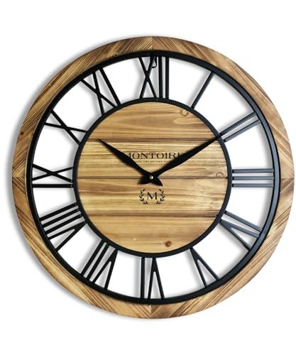 Montoire 24 Inch Wooden Farmhouse Wall Clock, Extra Large for Living Room Decor - Big Rustic Wood Large Round Wall Clock 24 Inches or Larger, Battery Operated with Decorative Roman Numerals