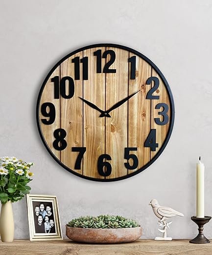 Montoire 24 Inch Wooden Farmhouse Wall Clock Large, Extra Large for Living Room Decor - Big Oversized Rustic Round Decorative Clocks for Walls, Battery Operated