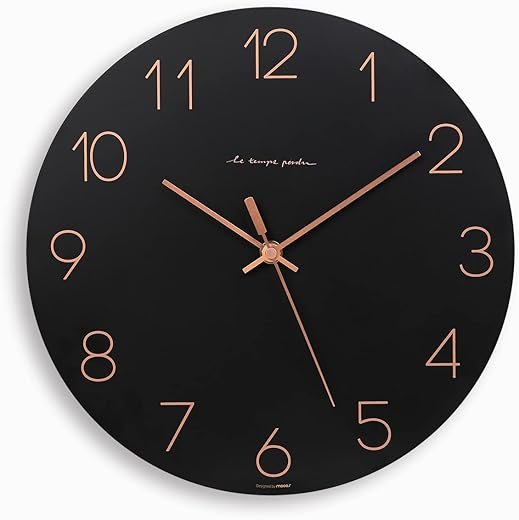 mooas Flatwood Black Wall Clock,12 Non-Ticking Sweep Movement Decorative Modern Battery Operated Decorative Wall Clock for Home Living Room Kitchen Bedroom Office School Cafe Hotel (Black)
