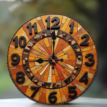 Mosaic Tile Clock Wall Decor Sunburst Design 10-Inch Silent Wooden Wall Clock, Battery Operated (AA Batteries Not Included), Artistic Home Decor