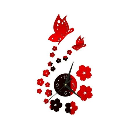 Mosey 1 Set Wall Clock Self-adhesive Battery Operated Long Pointer 4 Numbers Silent 3D Mirror Butterfly Plum Blossom Art Clock Home Decor