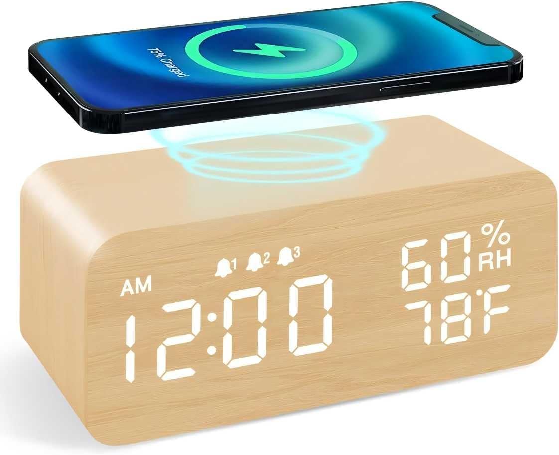 Multi Functional Creative Wooden Clock, LED Wooden Charging Alarm Clock,12/24H Time Display,Temperature Display, Dual Alarms for Home/Office/Bedroom(Bamboo Color)