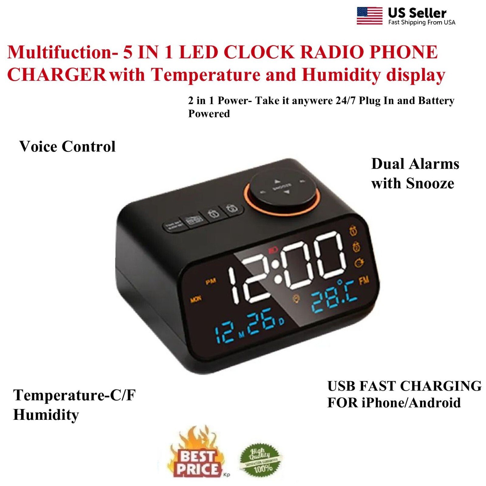 Multifunction Digital-Alarm-Clock-Thermometer- Radio Charger For Iphone Samsung